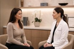 Doctor consulting with patient in a calm cosmetic clinic consultation room.