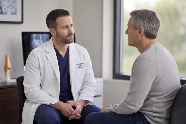 Orthopedic specialist consulting middle-aged patient in clinic, knee x-ray and model visible.