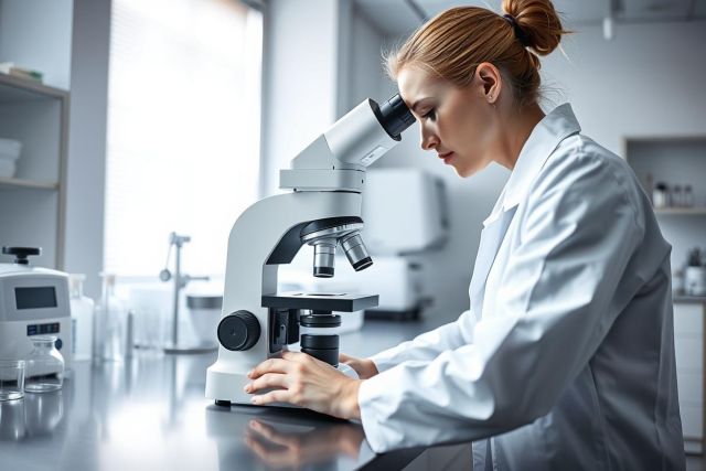Scientist working in a bright, modern laboratory. She is focused on a microscope, wearing a white lab coat. Science, research, and medical themes are prominent in this image of a laboratory setting.