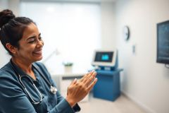 Smiling female nurse in a bright, modern medical clinic. She wears a blue scrubs and stethoscope, appearing joyful. Medical equipment and a window are visible in the background, suggesting a healthcare setting. Focus on patient care and positive medical environment.