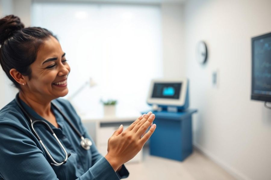 Smiling female nurse in a bright, modern medical clinic. She wears a blue scrubs and stethoscope, appearing joyful. Medical equipment and a window are visible in the background, suggesting a healthcare setting. Focus on patient care and positive medical environment.
