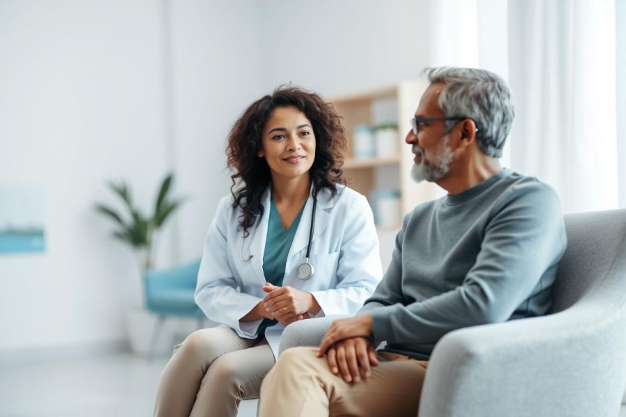 A doctor consults with a senior patient in a bright, modern medical office. The image shows a diverse healthcare setting with a female doctor in a white coat speaking with an older man. Warm tones and natural light create a comforting atmosphere, representing patient care and medical consultation.