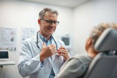 Doctor in a clinic examining a patient. A friendly, older male physician wearing a white coat and stethoscope speaks with a female patient during a consultation in a bright, modern medical office. Healthcare, medical exam, patient care.