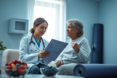 Doctor consults with elderly patient in a bright, modern home setting. Healthcare professional reviews medical documents with a senior woman, promoting wellness and care. Blue and white tones create a calm atmosphere.