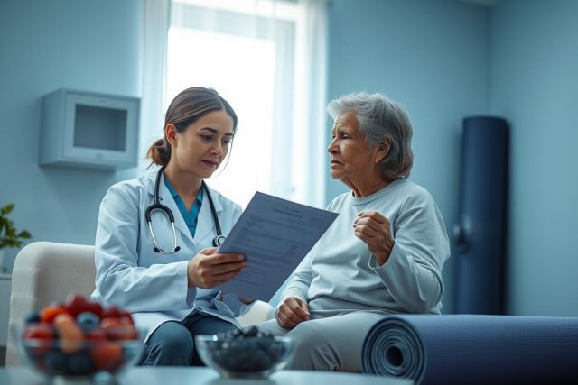 Doctor consults with elderly patient in a bright, modern home setting. Healthcare professional reviews medical documents with a senior woman, promoting wellness and care. Blue and white tones create a calm atmosphere.