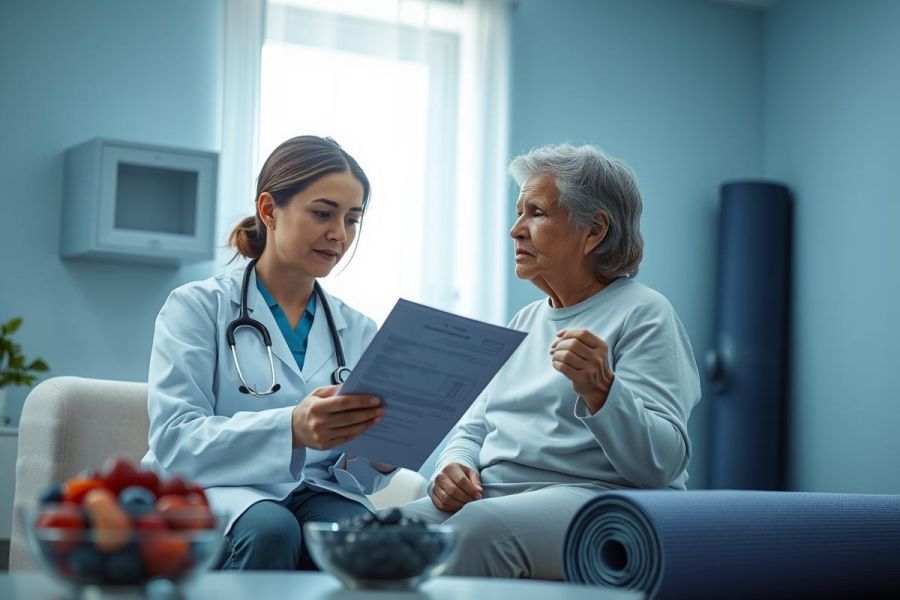 Doctor consults with elderly patient in a bright, modern home setting. Healthcare professional reviews medical documents with a senior woman, promoting wellness and care. Blue and white tones create a calm atmosphere.