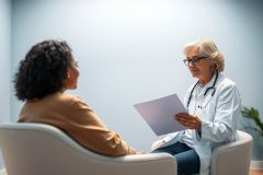 Doctor consults with patient in a modern clinic setting. A senior female doctor wearing a stethoscope reviews papers with a younger woman. Warm tones contrast with a cool blue background, conveying a professional healthcare consultation.