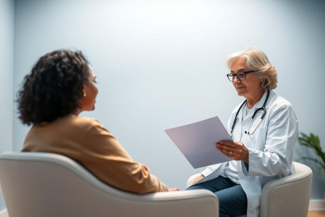 Doctor consults with patient in a modern clinic setting. A senior female doctor wearing a stethoscope reviews papers with a younger woman. Warm tones contrast with a cool blue background, conveying a professional healthcare consultation.