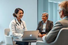 Doctor consults with patients in a modern healthcare setting. A smiling female physician wearing a stethoscope discusses medical information with two patients seated around a table with a laptop. The scene conveys trust and professional care in a bright, neutral-toned office.