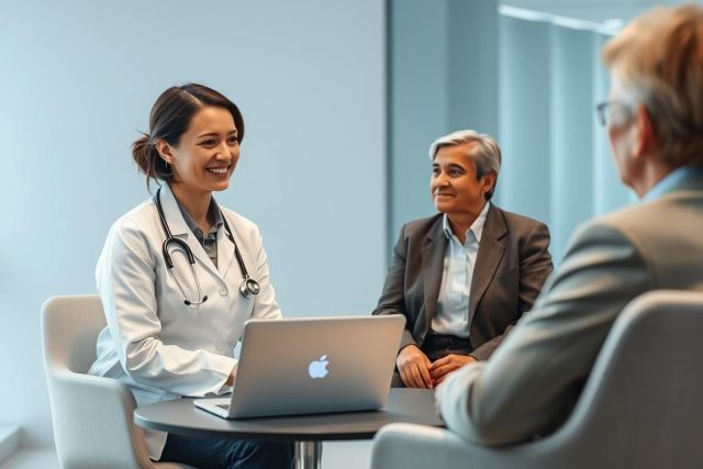 Doctor consults with patients in a modern healthcare setting. A smiling female physician wearing a stethoscope discusses medical information with two patients seated around a table with a laptop. The scene conveys trust and professional care in a bright, neutral-toned office.