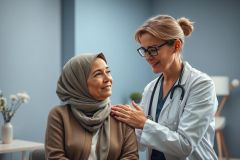 A caring female doctor in a white coat and stethoscope examines a smiling older woman wearing a hijab in a modern, blue-toned medical office. The scene conveys compassion, healthcare, and patient care with a focus on inclusivity and respectful medical practice.