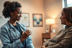 Doctor and patient consultation in a warm, brightly lit office. A smiling African American female doctor wearing a stethoscope speaks with a woman, likely discussing health concerns. The scene conveys a professional healthcare setting with a focus on patient care and communication.
