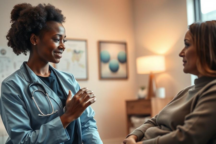Doctor and patient consultation in a warm, brightly lit office. A smiling African American female doctor wearing a stethoscope speaks with a woman, likely discussing health concerns. The scene conveys a professional healthcare setting with a focus on patient care and communication.