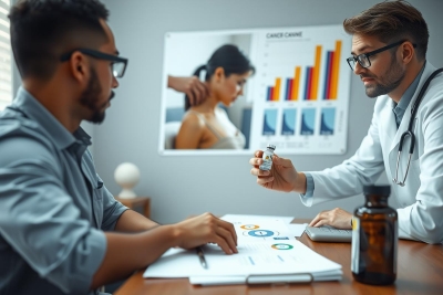 The image depicts a medical consultation scene. A male doctor is handing over medication to a younger man sitting across the desk. They are in an office setting with modern furniture and charts on the wall.