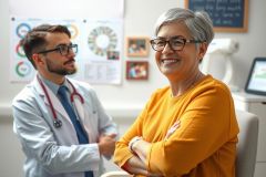 The image portrays a doctor-patient interaction in a clinical setting. The woman, who appears to be elderly and has grey hair, is sitting across from the young male doctor. They are engaged in conversation, with the doctor appearing attentive. The clinic's environment suggests a professional atmosphere.