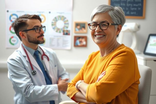 The image portrays a doctor-patient interaction in a clinical setting. The woman, who appears to be elderly and has grey hair, is sitting across from the young male doctor. They are engaged in conversation, with the doctor appearing attentive. The clinic's environment suggests a professional atmosphere.