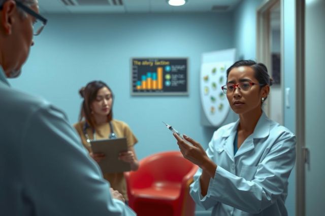 The image portrays a clinical environment with three individuals who appear to be healthcare professionals. Two of them are dressed in medical scrubs and gowns, suggesting they might be doctors or nurses.