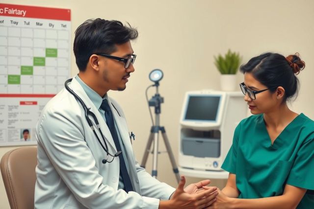 Medical professionals shaking hands, likely a physician and a nurse, in an examination room setting. The doctor is wearing a white coat with a stethoscope around his neck, and the nurse is in a green scrubs uniform.