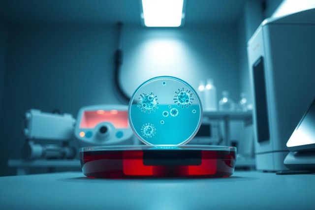 Laboratory petri dish with bacterial growth. Science research, microbiology, infection control, and medical research. Blue and red color scheme, close-up shot.