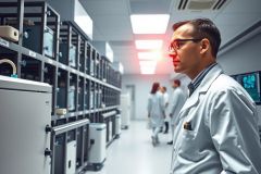Scientist in a lab coat stands in a modern research facility. The scene includes lab equipment, a cleanroom environment, and a focus on scientific research and innovation.