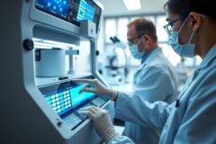 Scientists in lab coats and masks examine a microchip array on a display screen. The image showcases a cleanroom environment, highlighting research, technology, and precision work.
