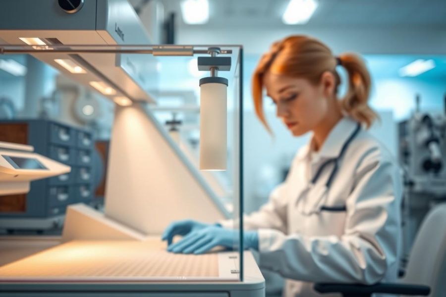 Scientist in a lab coat and gloves examines a sample under bright lighting. The image depicts a laboratory environment with scientific equipment, showcasing research and analysis activities.