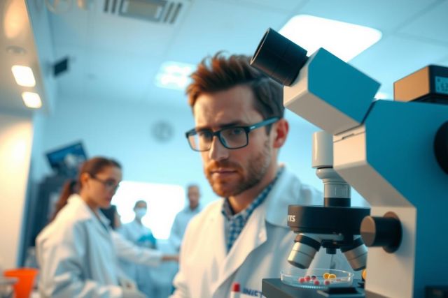 Scientist examining a microscope in a lab. Focus on research, biology, and scientific discovery. White lab coats and equipment create a sterile environment.