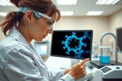 Scientist in a lab coat examining a computer screen displaying a blue virus graphic. Focus is on research, science, and potentially medical or virology fields. The lab environment includes equipment and glassware.