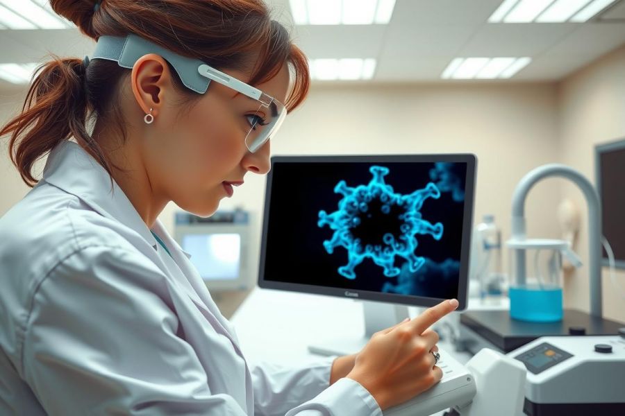 Scientist in a lab coat examining a computer screen displaying a blue virus graphic. Focus is on research, science, and potentially medical or virology fields. The lab environment includes equipment and glassware.