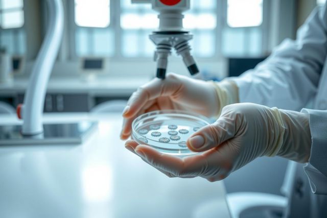Lab technician in gloves holds a petri dish with a bacterial culture. Scientific research, microbiology, and lab work are visible in the background.