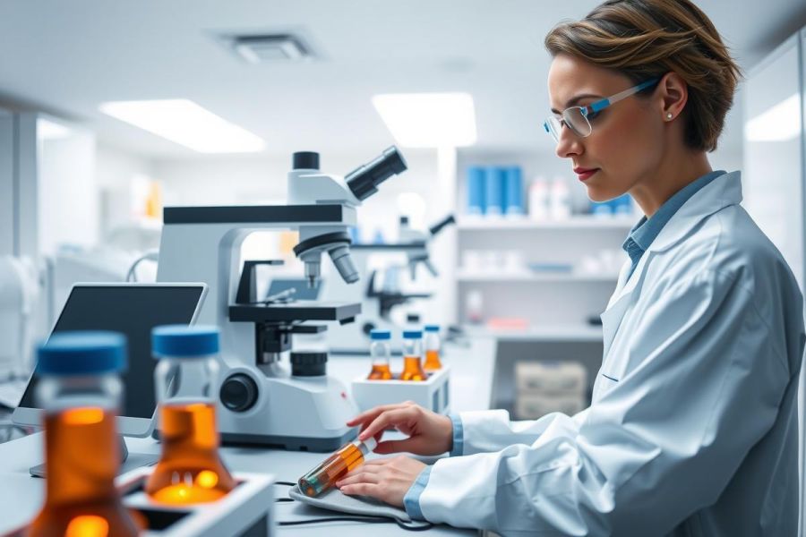 Scientist in a lab coat analyzing samples with a microscope. The modern lab setting includes equipment and glassware, with warm light contrasting against the cool tones of the environment.