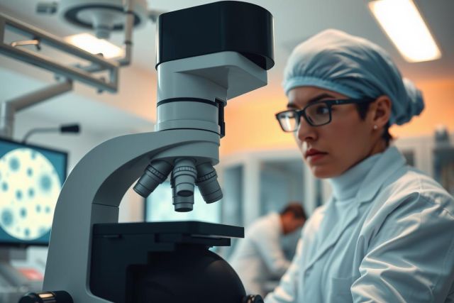 Scientist examining a microscope in a laboratory setting. Wearing protective gear, the researcher is focused on scientific analysis within a clean, brightly lit environment.  Focus on research, science, and medical technology.