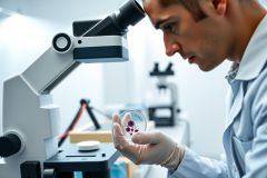 Scientist in lab coat examining cell culture in petri dish, using gloves. Research, biology, microbiology, healthcare, science, laboratory setting, close-up.
