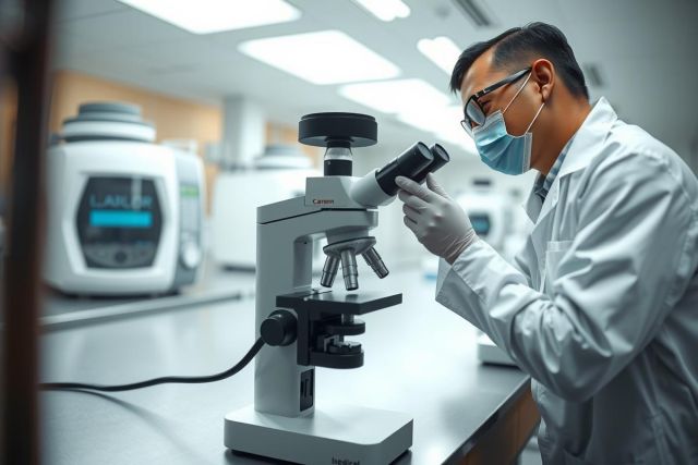 Scientist examining a microscope in a laboratory. Wearing a lab coat and gloves, the researcher is focused on detailed analysis. A bright, modern lab environment is visible in the background.