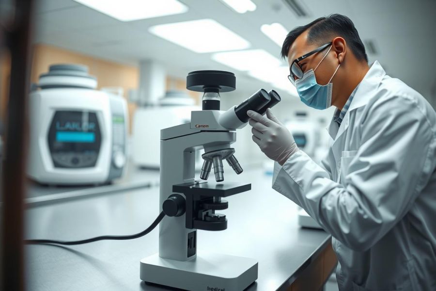 Scientist examining a microscope in a laboratory. Wearing a lab coat and gloves, the researcher is focused on detailed analysis. A bright, modern lab environment is visible in the background.