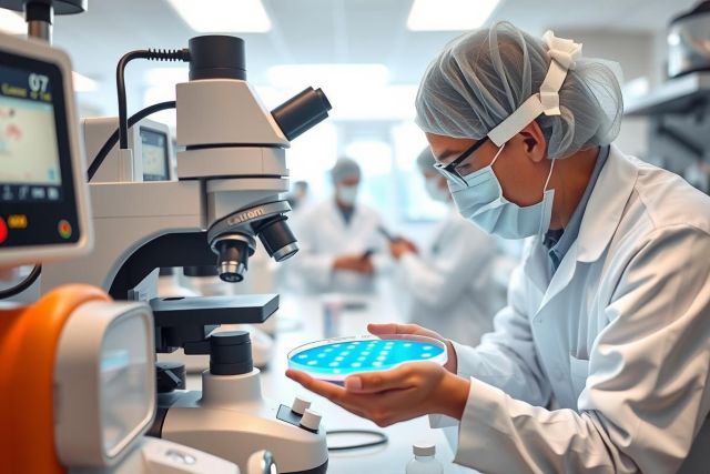Scientist in lab coat and mask examines a microchip. Modern cleanroom environment with equipment and colleagues in the background. Focus on technology, research, and innovation.