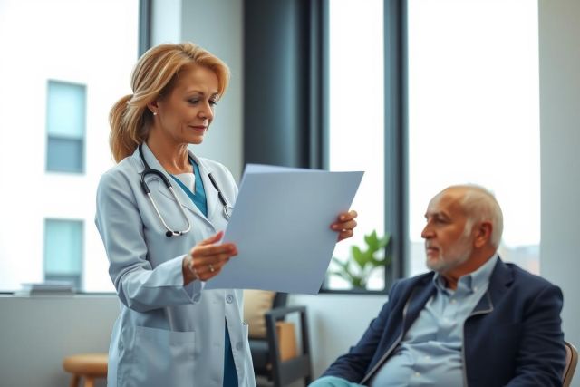Doctor examines patient, reviewing paperwork. Healthcare professional consults with elderly man in a bright, modern office setting. Focus on medical consultation and patient care.