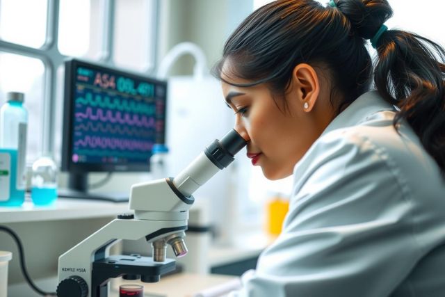 Scientist using a microscope in a lab. The image showcases a female researcher examining samples, highlighting science, research, and laboratory settings. White coat, microscope, and lab equipment are visible.