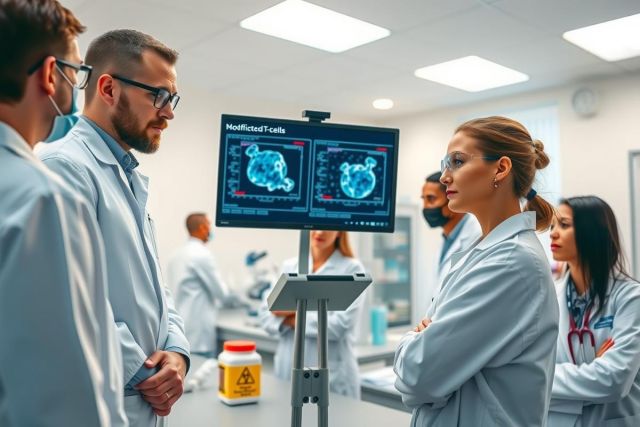 Medical professionals in lab coats examine a brain scan on a monitor. The scene features a modern laboratory setting with equipment and a focus on medical research and diagnostics.
