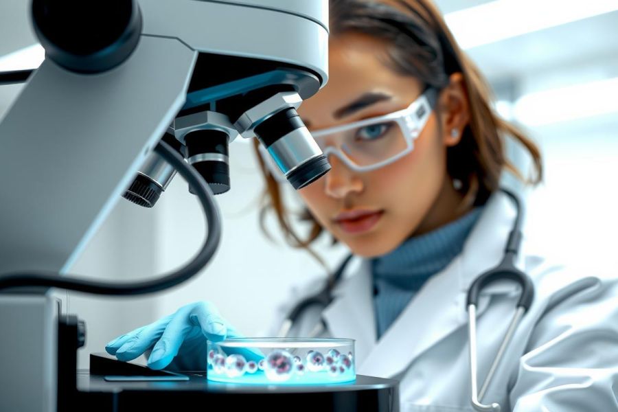 Scientist examining a lab sample under a microscope. Wearing a lab coat and safety glasses, she's in a clean, modern laboratory environment. Focus on research, science, and medical analysis.