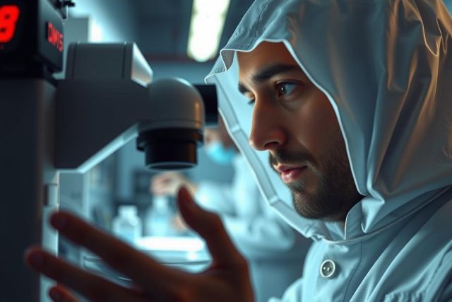 A man wearing a white lab coat examines something with a microscope, likely in a science or research setting. The blue light emphasizes meticulous observation and precise focus.