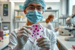 Lab technician in protective gear holds a petri dish with pink bacterial colonies. Science lab setting, research, microbiology, biology, medical, experimentation.