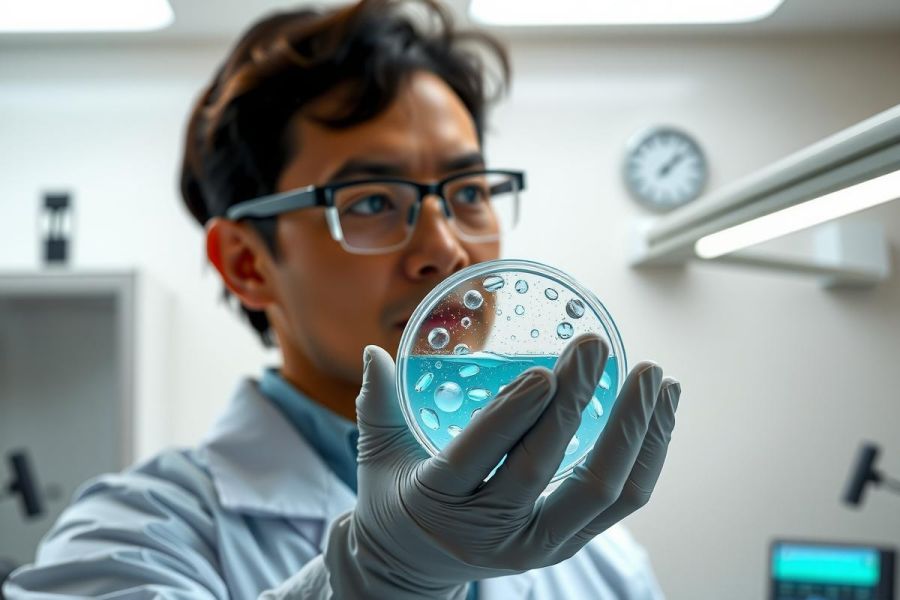 Scientist in lab coat examining petri dish with blue liquid. Research, microbiology, and science related imagery. White background, laboratory setting.