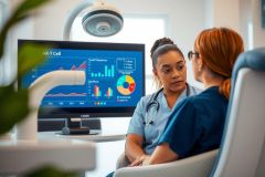 Healthcare professional consults with a patient in a modern medical office. The scene includes a monitor displaying medical data, creating a clinical and caring environment. Focus on patient care and medical technology.
