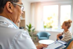 Doctor reviewing patient notes in a consultation room. Healthcare professional in white coat discussing with a female patient. Clinical setting with blue chairs and a table.