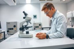 Scientist in lab coat examining a microscope. Close-up view of research environment with equipment and bright lighting. Focus on scientific research and laboratory setting.