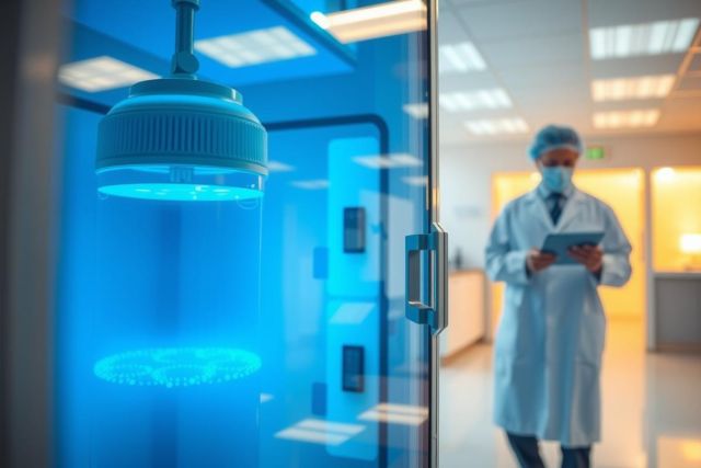 Scientist in a lab coat and mask stands near a door in a brightly lit, blue-toned laboratory. The image suggests research or medical work in a cleanroom environment.