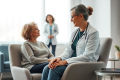Doctor consults with a senior patient in a bright, modern healthcare setting. Warm colors and a comforting atmosphere depict compassionate care. A second medical professional is visible in the background, suggesting a collaborative approach to patient wellbeing.