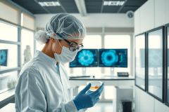 Scientist in lab coat and mask examines a petri dish with a blue liquid. Focused on research, biology, and scientific analysis in a modern laboratory setting.
