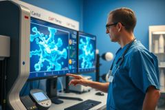 Scientist in a lab coat analyzes data on a monitor, likely conducting research or diagnostics. The image features a clean, modern lab environment with equipment and a focus on scientific analysis.
